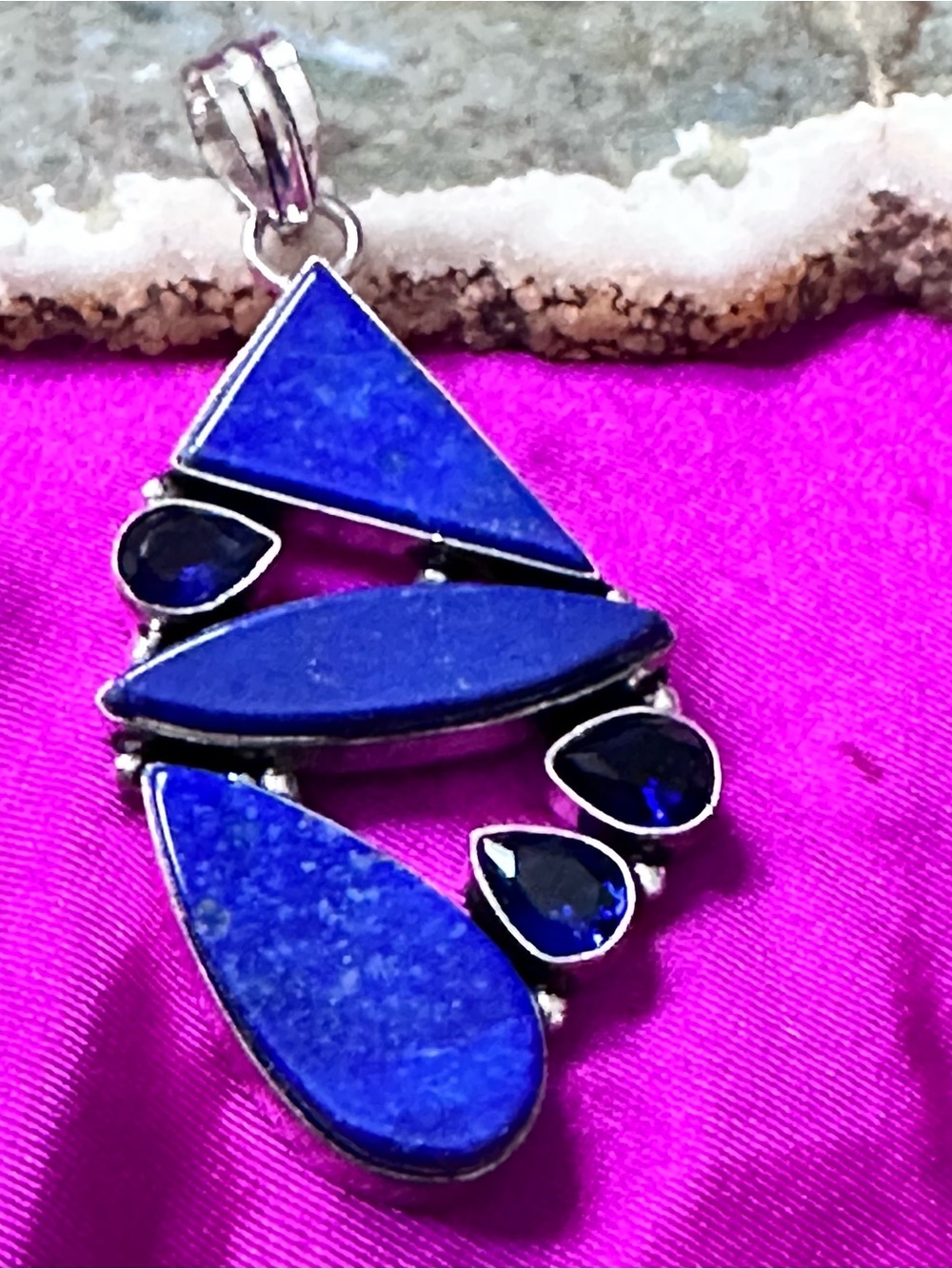 Artisan Blue Triple Lapis Lazuli Pendant and Dark Blue Crystal Accent Stones